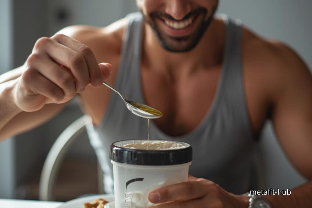 朝のプロテインに小さじ1杯のオメガ3オイルを加えるトレーニーの様子