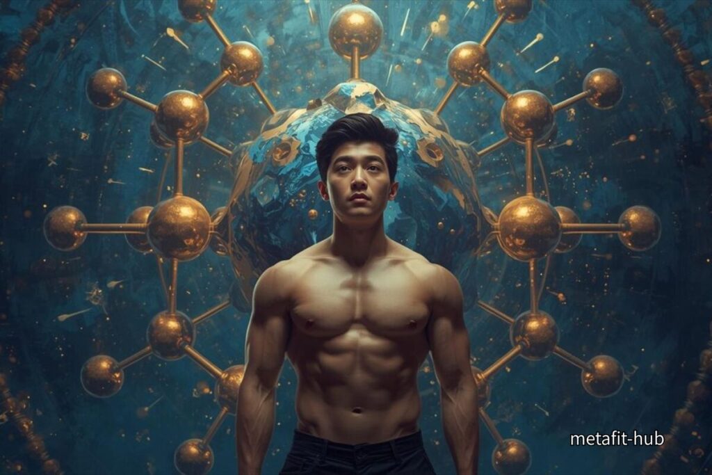 油分子構造を背景に立つトレーニー。オメガ3と体の構造のつながりを象徴するイメージ