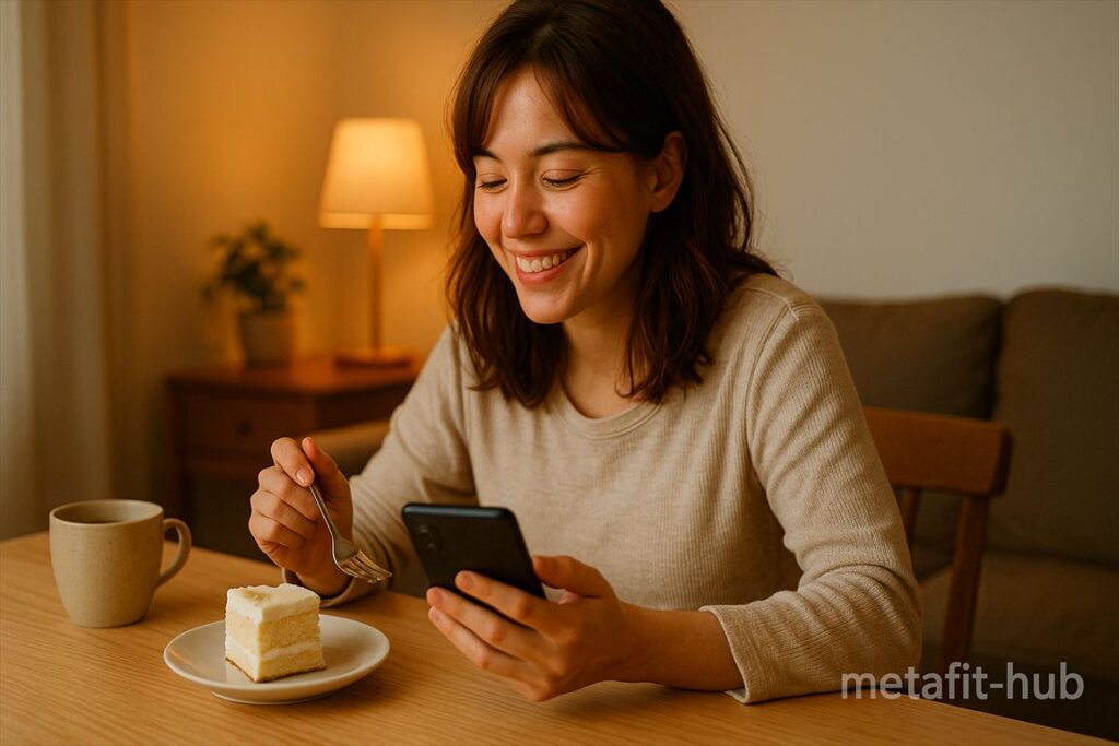 スイーツを食べながら一時的な幸福を感じる女性