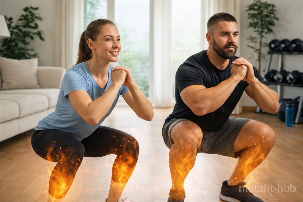 筋トレ初心者が自宅でスクワットを行い、下半身の筋肉を使って基礎代謝を高めている様子