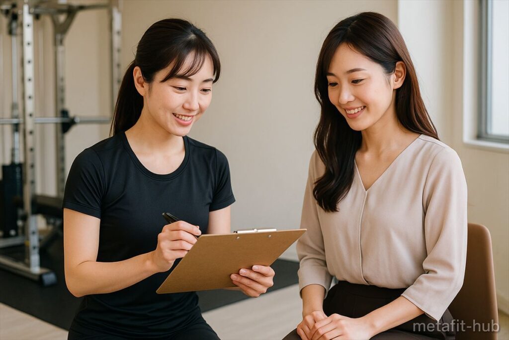 女性トレーナーが料金やプランを説明しているカウンセリング風景｜ビーコンセプト