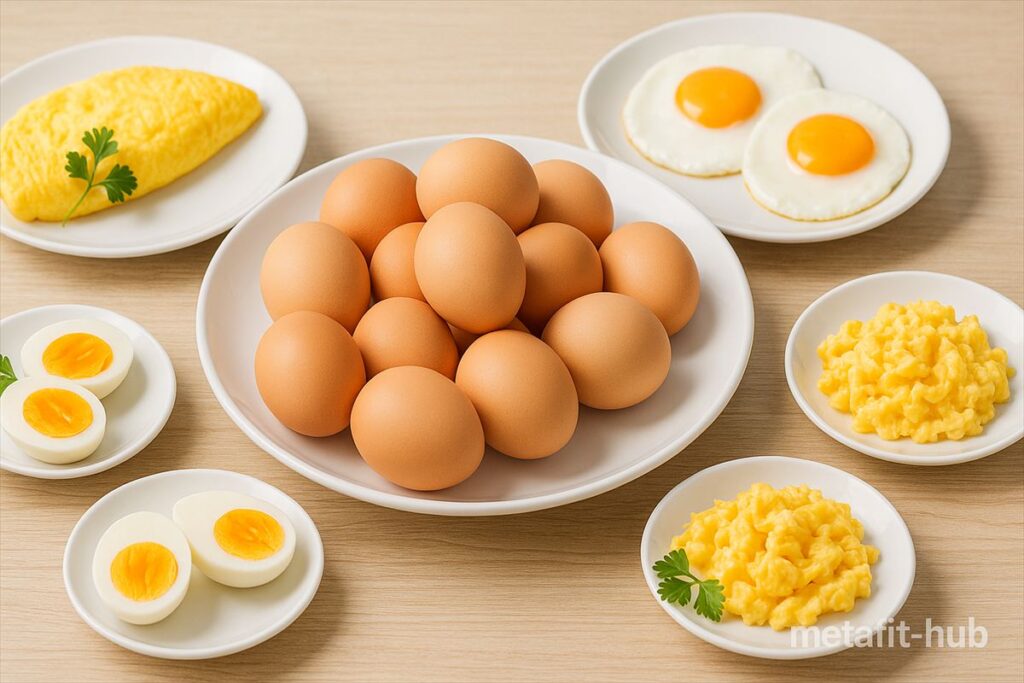 卵を使ったさまざまな調理法(ゆで卵・目玉焼き・オムレツ・スクランブルエッグ)が並んだ、高タンパク食品のイメージ画像。筋トレやダイエットに役立つ卵の栄養価を解説する章で使用