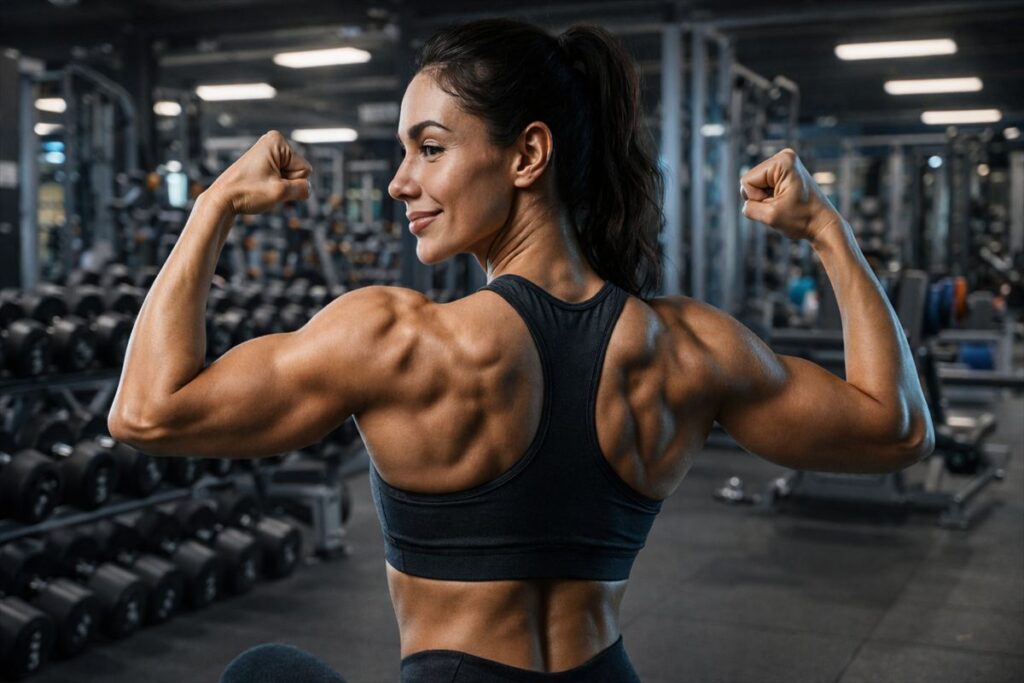 筋トレで背中と腕にメリハリのあるボディラインを作る女性の後ろ姿