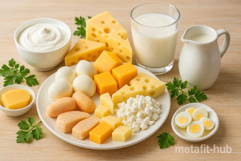 チーズ・ヨーグルト・牛乳・カッテージチーズなどの乳製品が皿に並び、タンパク質源として紹介されているイメージ画像