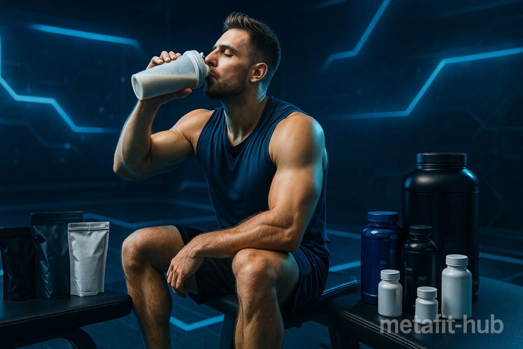 トレーニング後にプロテインを飲む男性。ベンチの横にはプロテインパウダーやサプリメントの容器が並び、筋力アップのための補給シーンを表現した画像