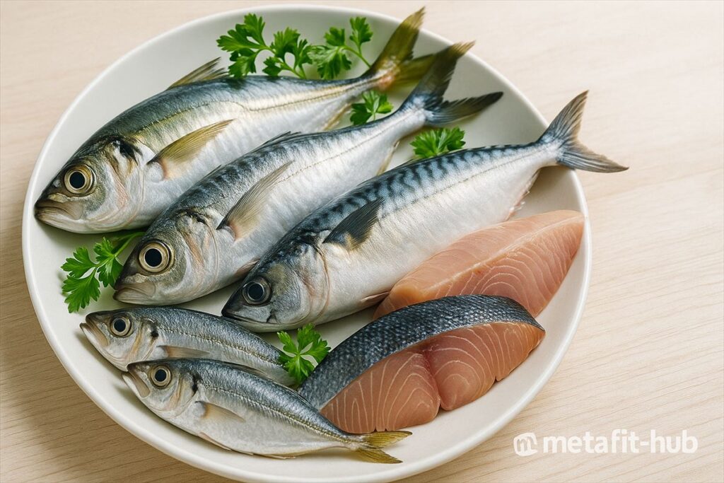 鯖・アジ・鮭など高タンパクで良質脂質を含む魚介類の盛り合わせ。筋トレ向きのタンパク源として紹介する画像