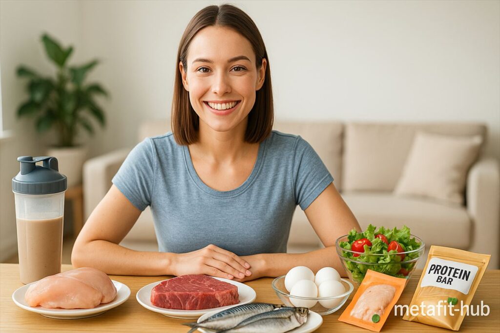 鶏むね肉・赤身肉・卵・魚・プロテインなど、さまざまな高タンパク食材を前に笑顔で座る女性。筋トレやダイエット向けのタンパク質の選び方をイメージした写真