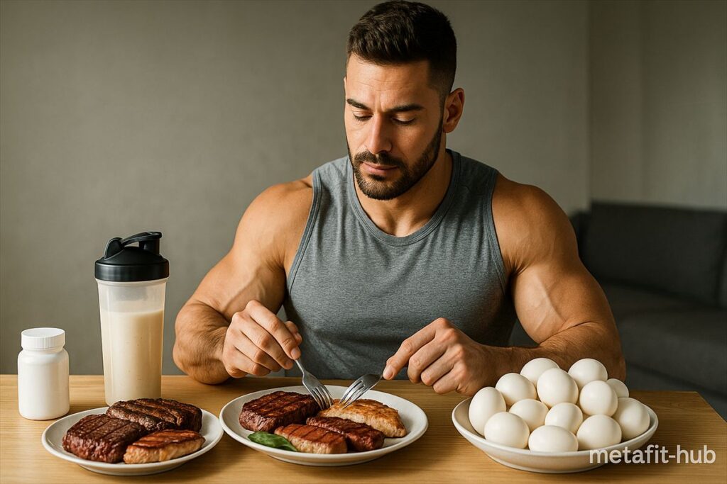 筋トレに必要なたんぱく質摂取量のイメージ。肉や卵、プロテインを前にして食事量を考える男性トレーニーの写真。