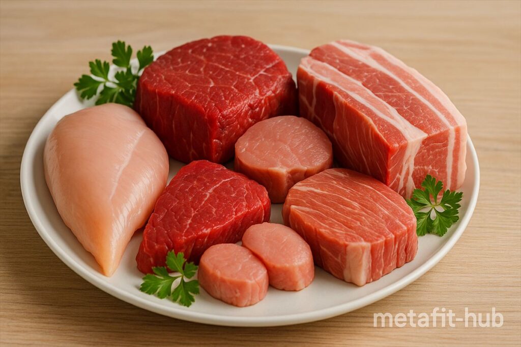 鶏むね肉・牛赤身肉・豚ヒレ肉・豚バラ肉など、筋トレ向けの高タンパク食材が皿に盛られている画像