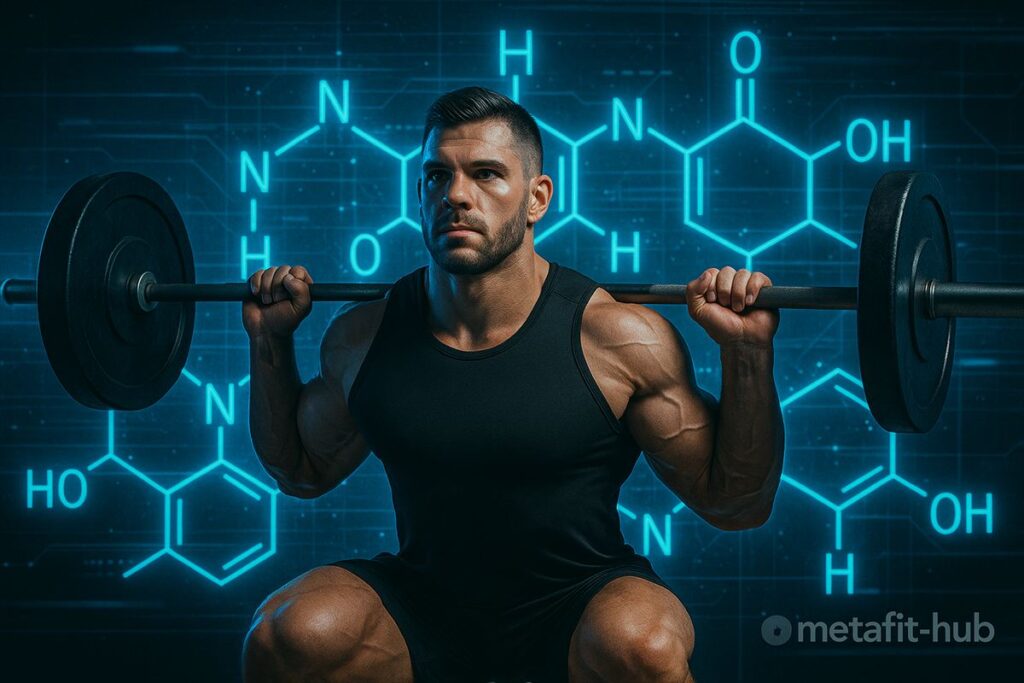 スクワットを行う男性トレーニーの背景に化学式が浮かぶイメージ画像。筋肥大とタンパク質の関係を象徴したメインビジュアル。