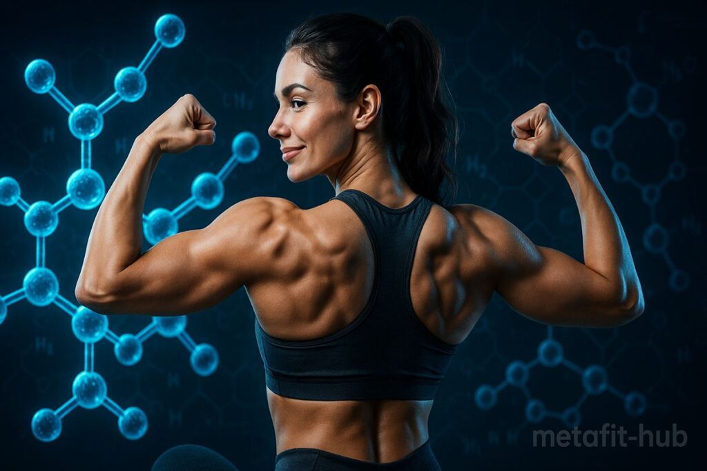 力強い背中の筋肉を見せる女性アスリートのポージング。分子構造の背景とともに、タンパク質摂取が筋肉を作るイメージを表現した画像