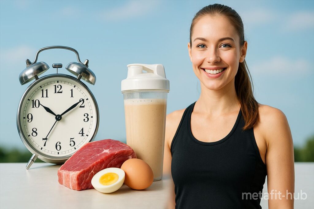 時計と肉・卵・プロテインシェイクが並び、タンパク質の摂取タイミングの重要性を表すイメージ。笑顔の女性トレーニーが健康的な食習慣を象徴している写真。