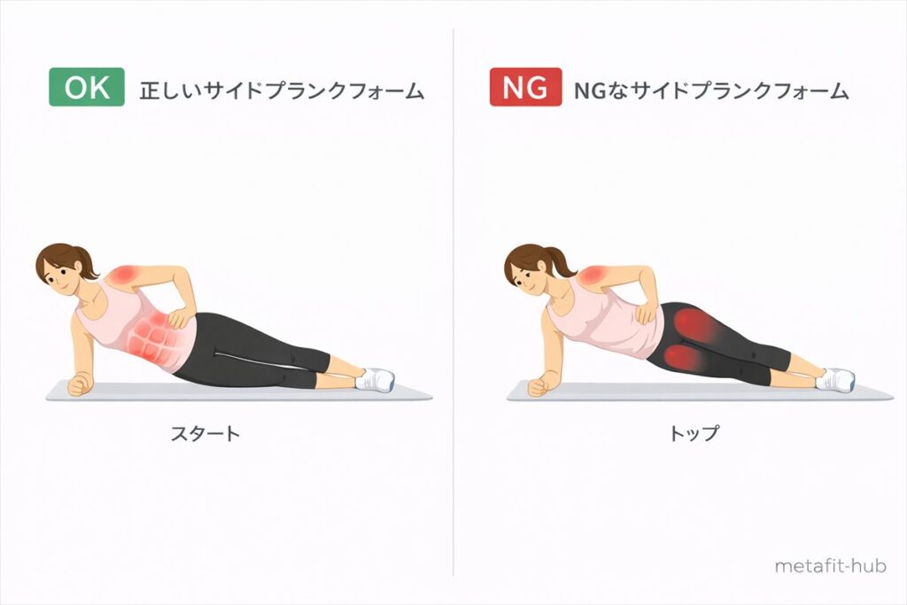サイドプランクの正しいフォームとNGフォームを左右で比較した図解イラスト。くびれと体幹に効かせる姿勢の違いを解説