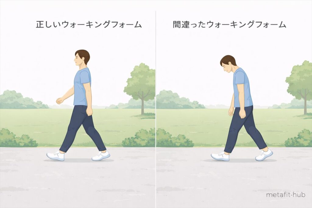 正しいウォーキングフォームと間違ったウォーキングフォームを横並びで比較した図解イラスト。左は背筋を伸ばして腕を自然に振る正しい姿勢、右は猫背でうつむいた間違った姿勢を示している。