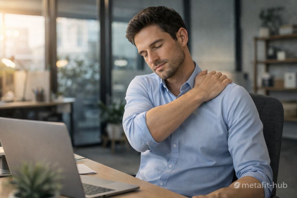 デスクワーク中に肩の痛みを感じて首元に手を当てる男性の写真。長時間の座り仕事による肩こりや不調のイメージ。