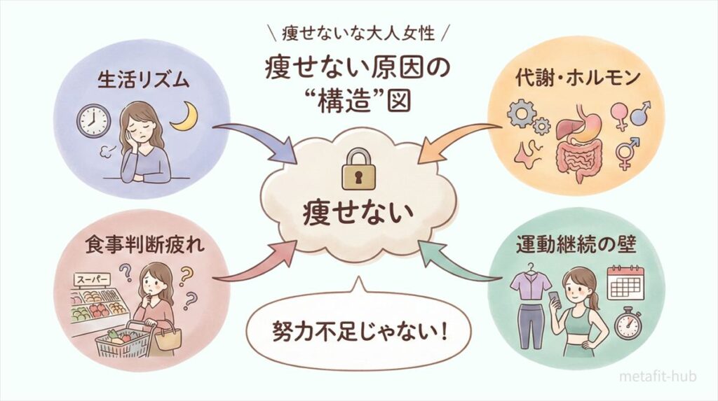 頑張っているのに痩せない原因を生活リズム・食事・代謝・運動の構造で整理した図解