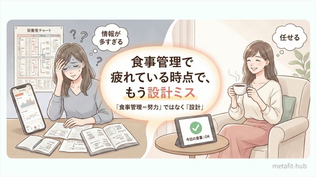 食事管理で疲れてしまう30代女性と、考えずに任せられる設計で安心して続けられる女性を対比したイラスト