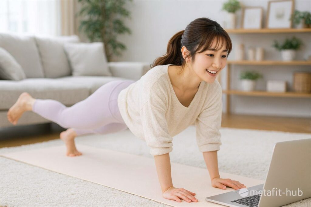 自宅でオンラインフィットネスを受けながら片足プランクを行う女性の体幹トレーニング