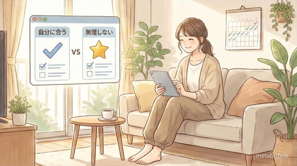 ダイエットを頑張っているのに痩せない30代女性が、自分に合う無理のないジムを比較して選んでいるイラスト