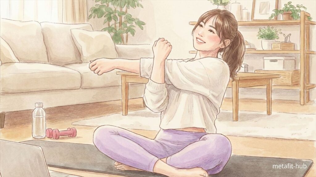 自宅で無理のない運動を続けている30代女性がリラックスした表情でストレッチしているイメージ