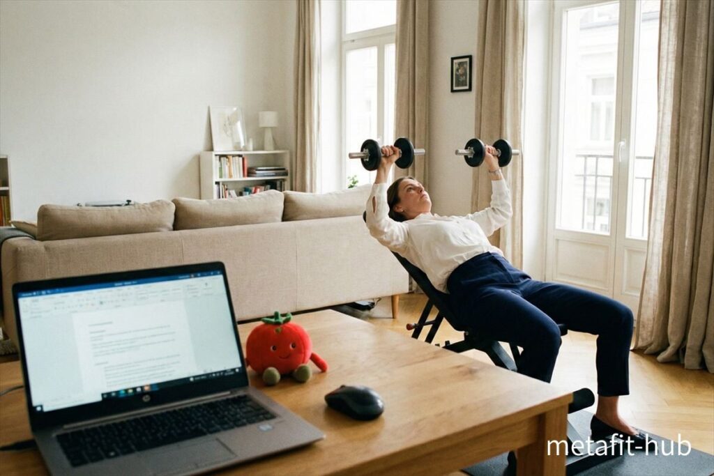 在宅ワーク中にポモドーロテクニックで筋トレ休憩をする女性のイメージ