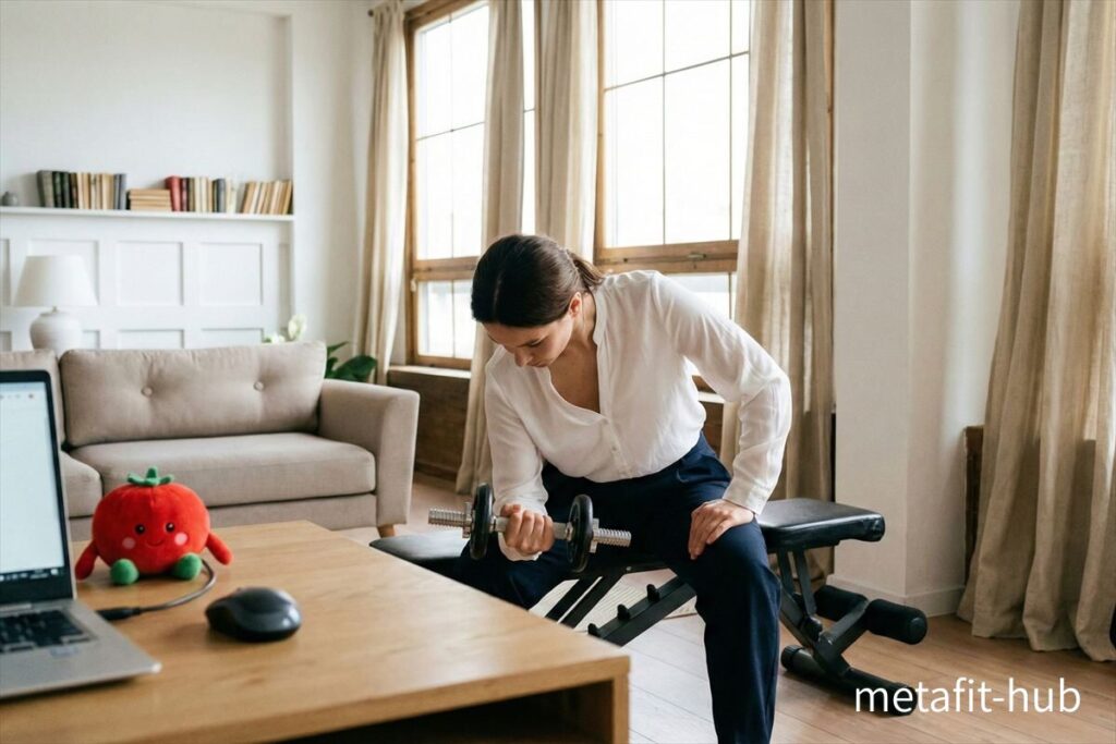 在宅ワークの休憩時間にダンベルで筋トレをする女性のポモトレ風景