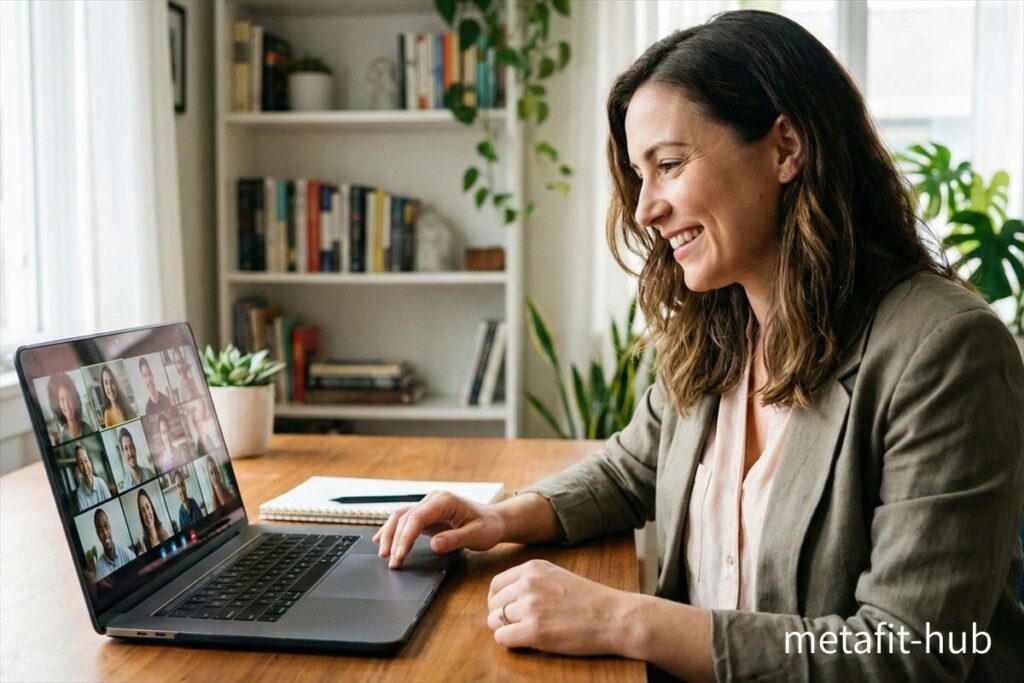 在宅ワーカーがオンライン会議をしながら笑顔で働く様子 ポモドーロと筋トレ習慣で効率と体調が整ったイメージ