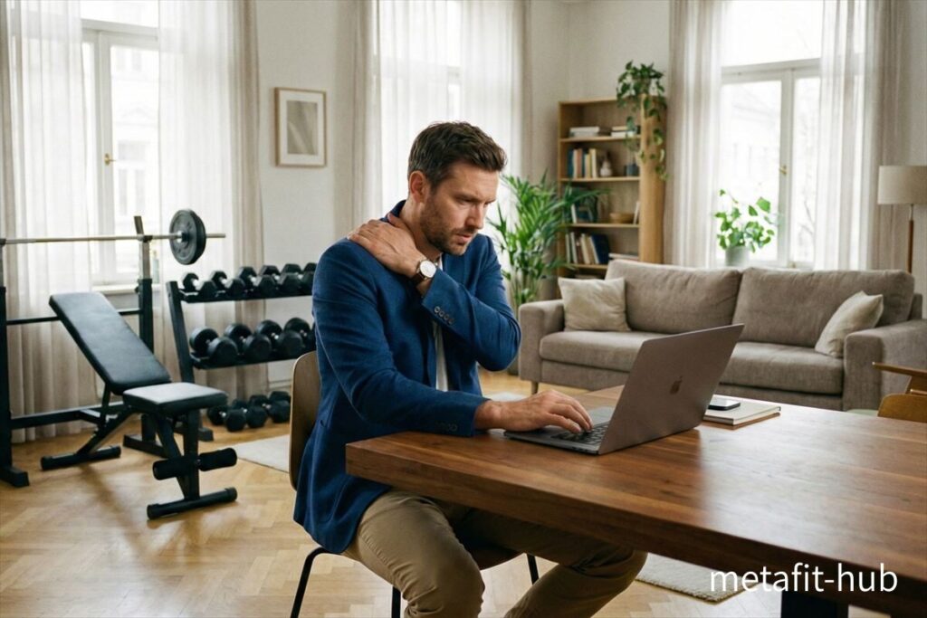 在宅ワーク中に肩の疲れを感じる男性のイメージ