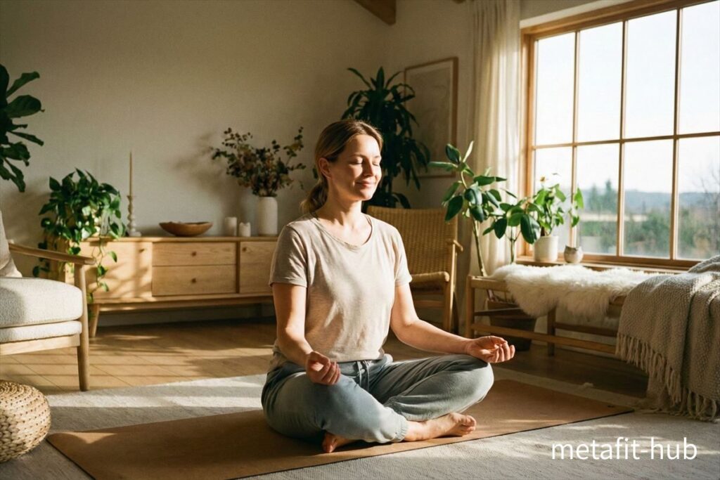 年齢より若く見える人が続けている運動習慣の一つ、朝の時間に自宅で瞑想を行う女性