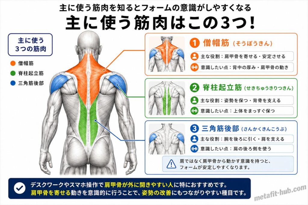 リバーススノーエンジェルで鍛えられる背中の筋肉図。僧帽筋をメインに脊柱起立筋も使われる