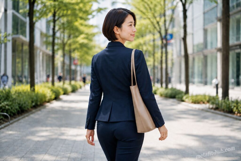 スーツ姿で街を歩く女性の後ろ姿からボディラインの変化をイメージさせるベネフィット画像
