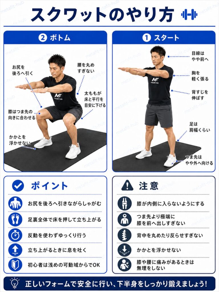 自重スクワットのやり方を解説する筋トレ種目ガイド画像