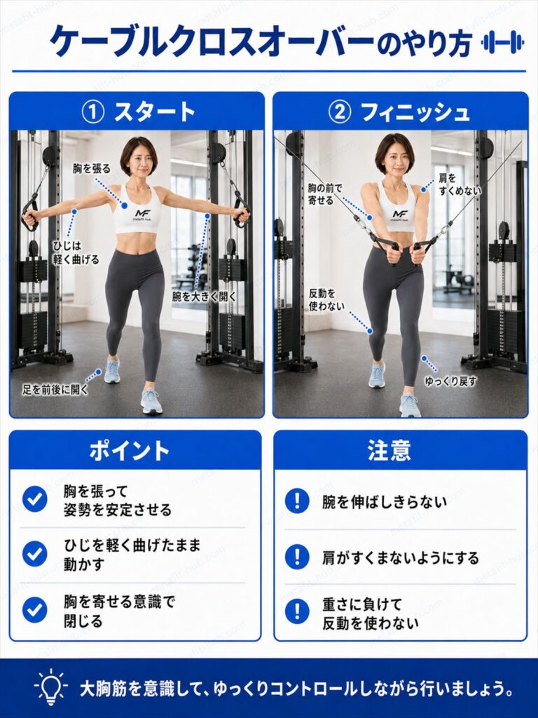 ケーブルクロスオーバーのやり方を解説するインフォグラフィック。両側からケーブルを引いて胸の前で交差させる動作とフォームのポイントを図解