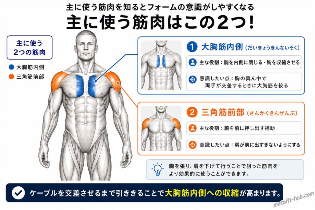 ケーブルクロスオーバーで鍛えられる胸の筋肉図。大胸筋内側をメインに三角筋前部も使われる