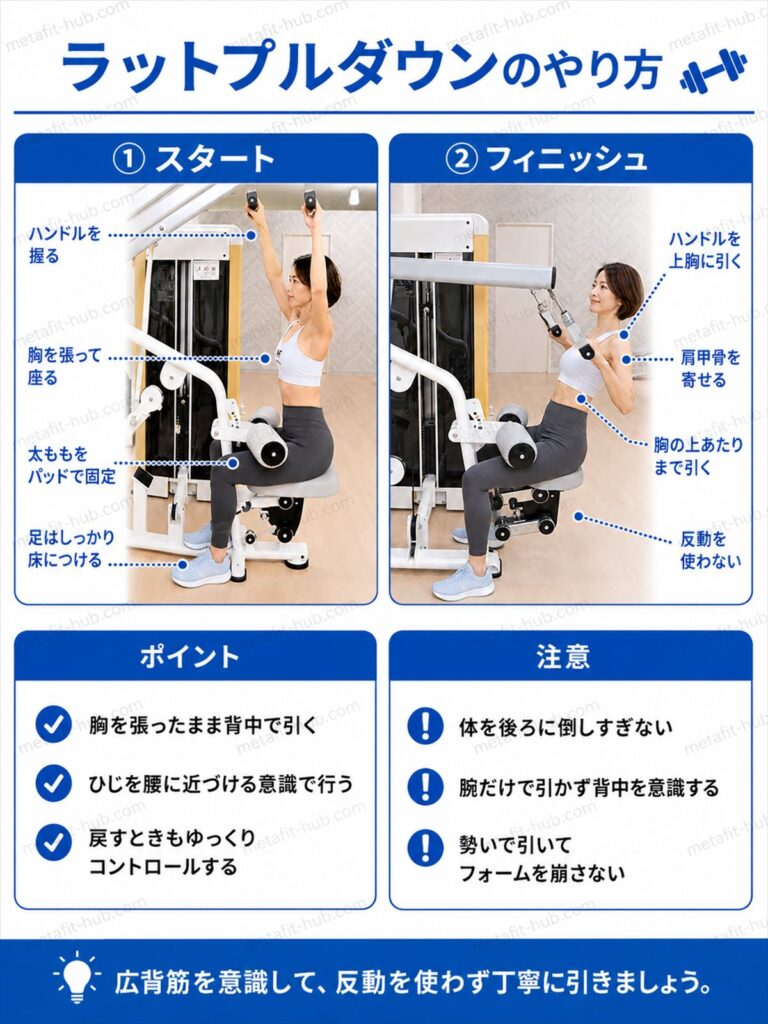 チョコザップのラットプルダウンのやり方を解説するインフォグラフィック。ハンドルを握って上胸に引き下ろす動作とフォームのポイント・注意点を図解