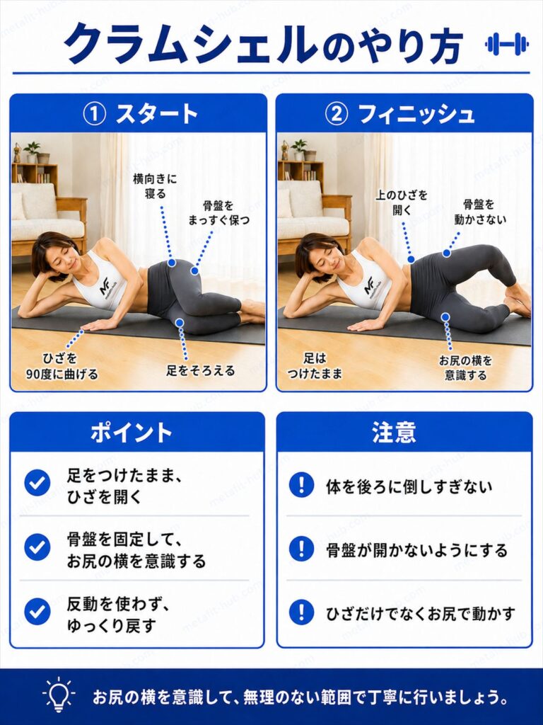 クラムシェルのやり方を解説するインフォグラフィック。横向きに寝て膝を開閉する動作とフォームのポイントを図解
