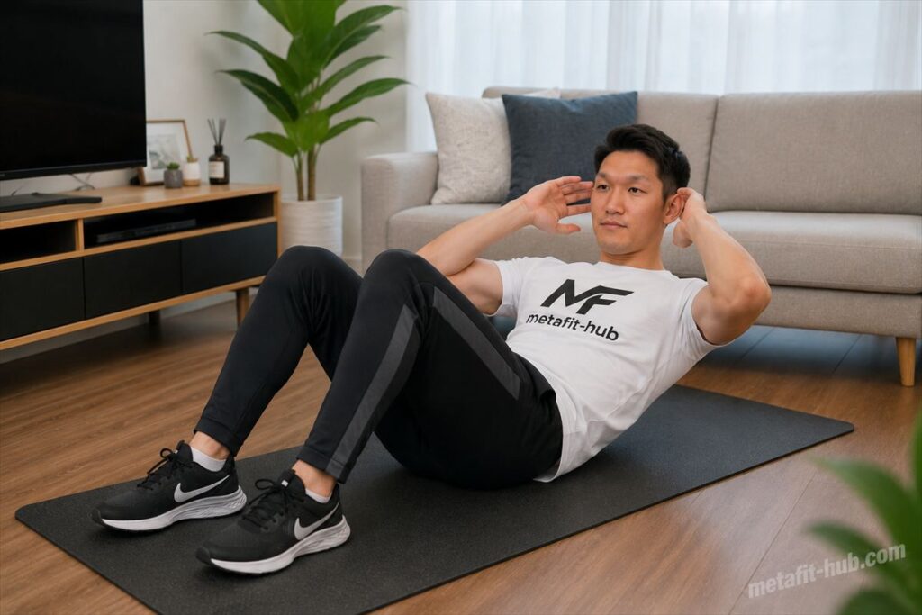 自宅のトレーニングマットでクランチを行う男性モデルの腹筋トレーニング風景