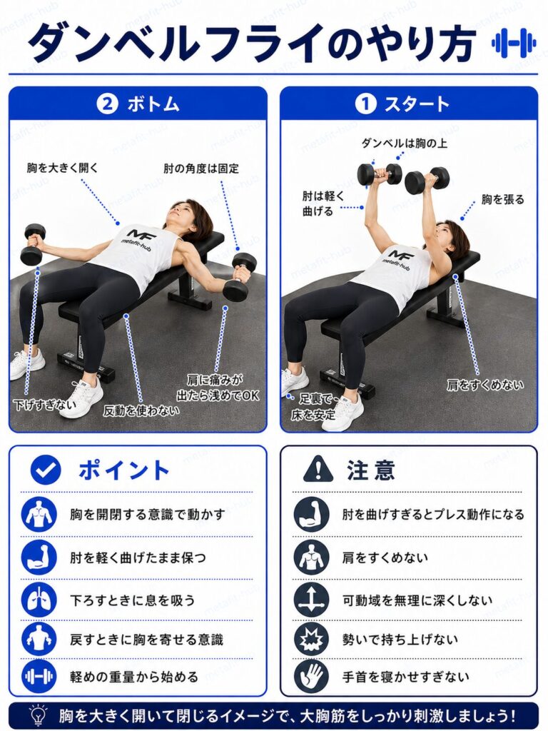 ダンベルフライ（フラット）のやり方を解説するインフォグラフィック。フラットベンチで胸を開いて閉じる動作とフォームのポイントを図解