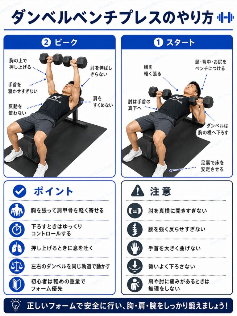 ダンベルプレスのやり方を解説する筋トレ種目ガイド画像。ベンチに仰向けになりダンベルを胸の横から押し上げるフォーム