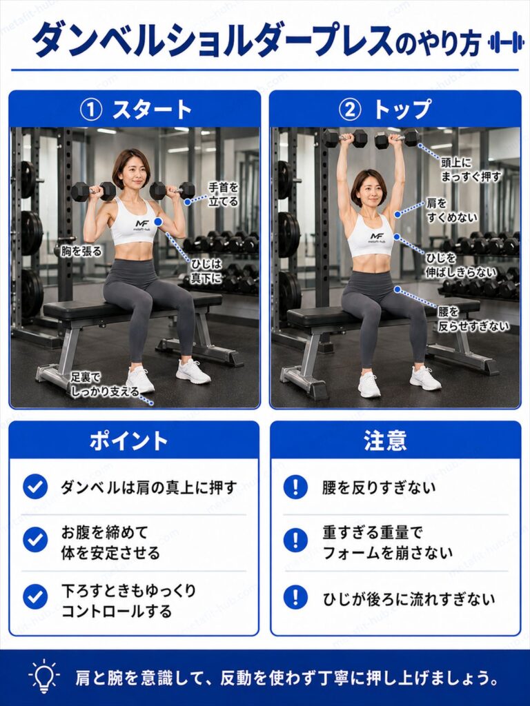 ダンベルショルダープレスのやり方を解説するインフォグラフィック。ダンベルを頭上に押し上げる動作とフォームのポイントを図解