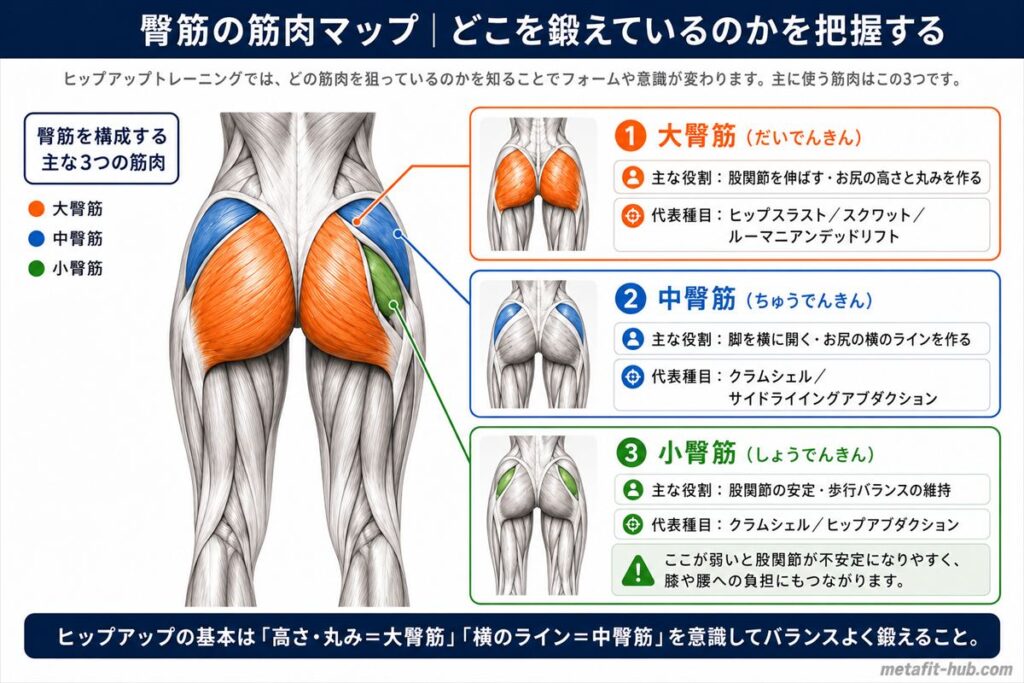 ヒップアップトレーニングで使う主な3つの筋肉(大臀筋・中臀筋・小臀筋)の位置と役割を示したインフォグラフィック