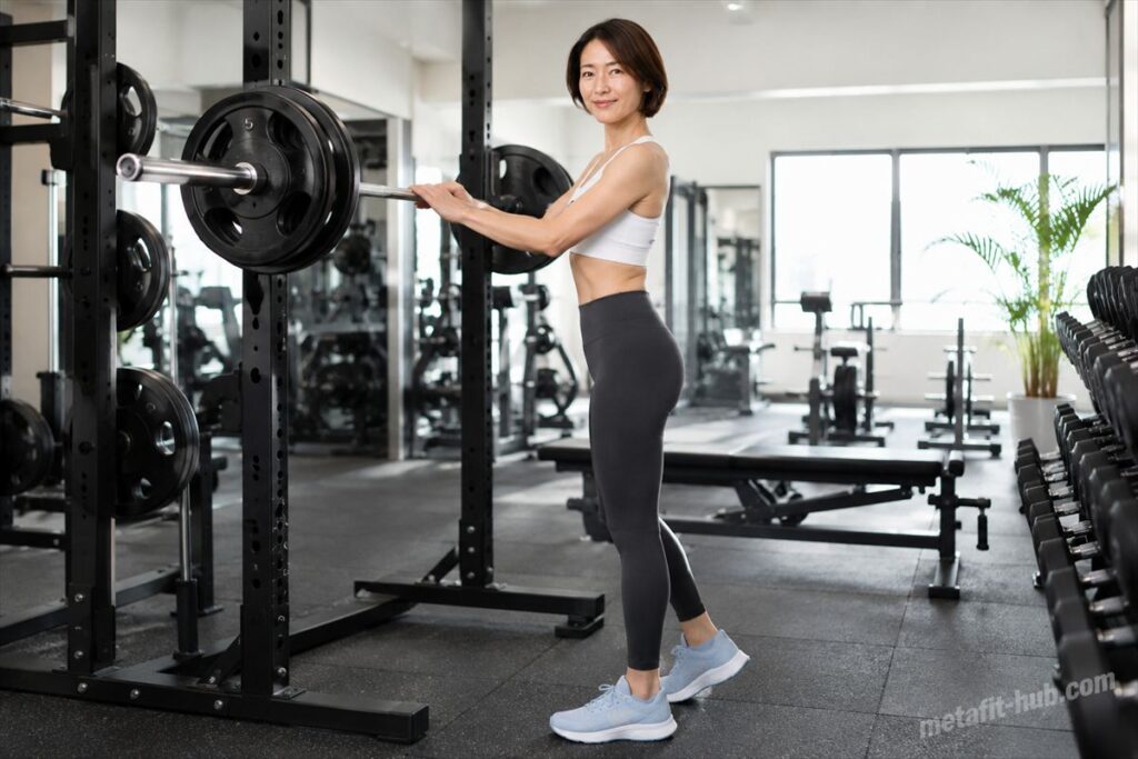 ジムでバーベルを持ちながらヒップアップトレーニングを行う女性モデル