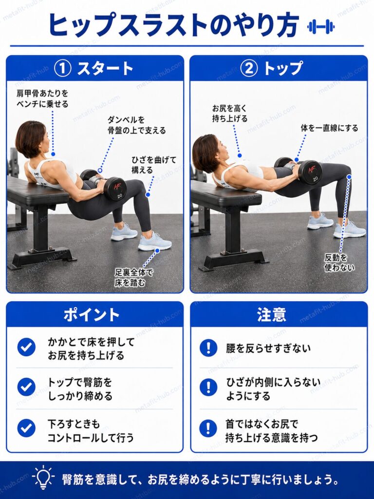 ヒップスラストのやり方を解説するインフォグラフィック。ベンチに背中を預けてお尻を持ち上げる動作とフォームのポイントを図解