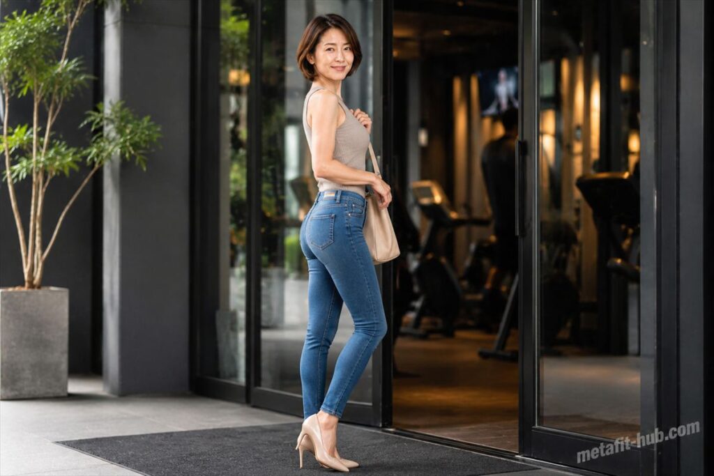 ジム帰りにヒップラインの変化を感じながら立つ女性モデルのまとめ用画像