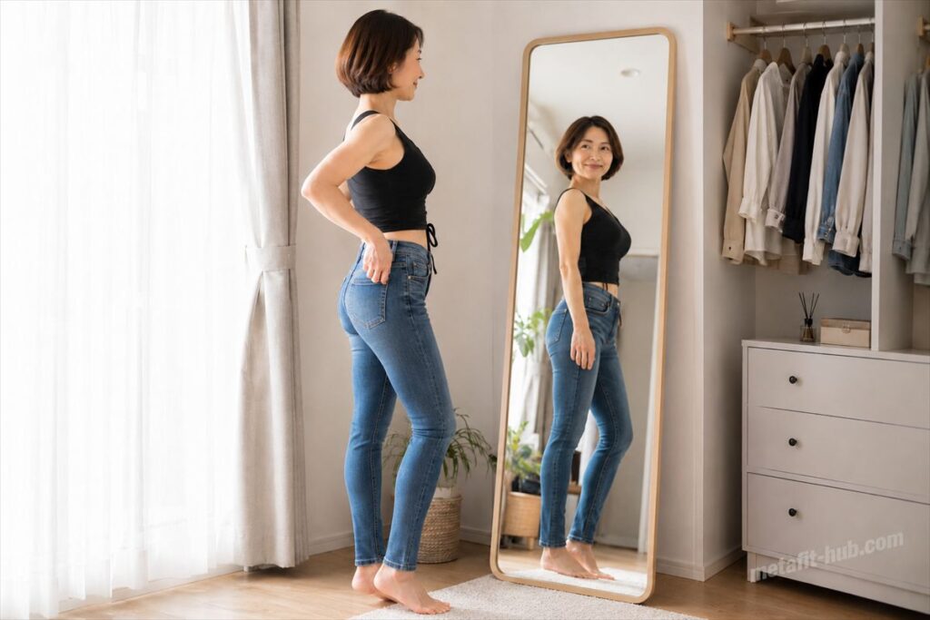 自宅の鏡で横姿とヒップラインを確認する女性モデルのヒップアップイメージ
