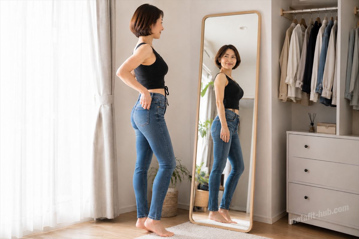 自宅の鏡で横姿とヒップラインを確認する女性モデルのヒップアップイメージ