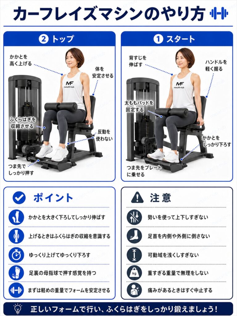 カーフレイズ（マシン）のやり方を解説するインフォグラフィック。マシンを使ってかかとを上げ下げする動作とフォームのポイントを図解