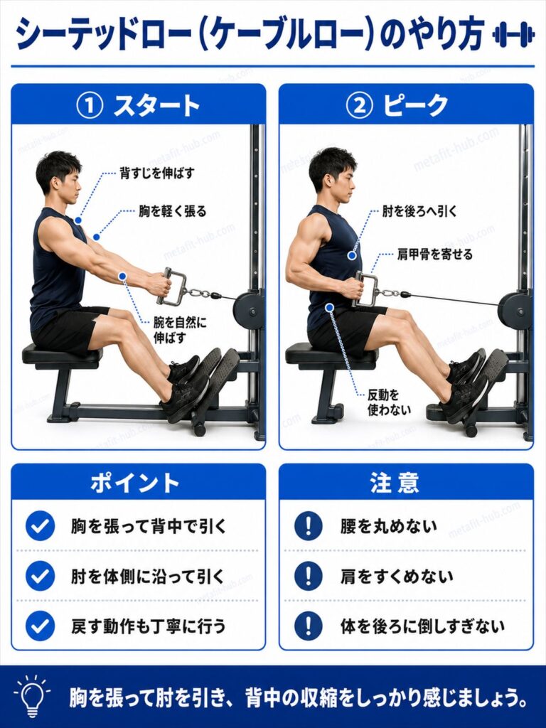 シーテッドローのやり方を解説する筋トレ種目ガイド画像