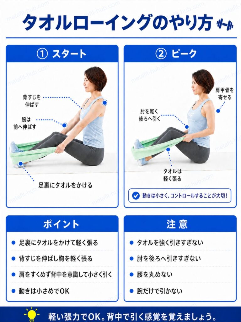 タオルローイングのやり方を解説するインフォグラフィック｜スタートポジションとトップポジションの2ステップ図解