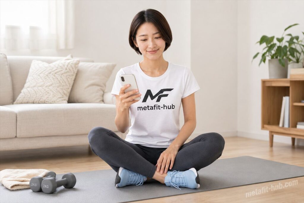 自宅のトレーニングマットでスマホを見ながら筋トレ種目を選ぶ女性モデル